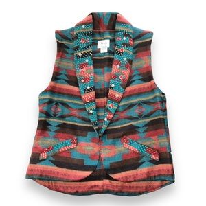 Vintage Herta Western Aztec Shawl Collar Vest Woman’s Medium Cotton Made In USA